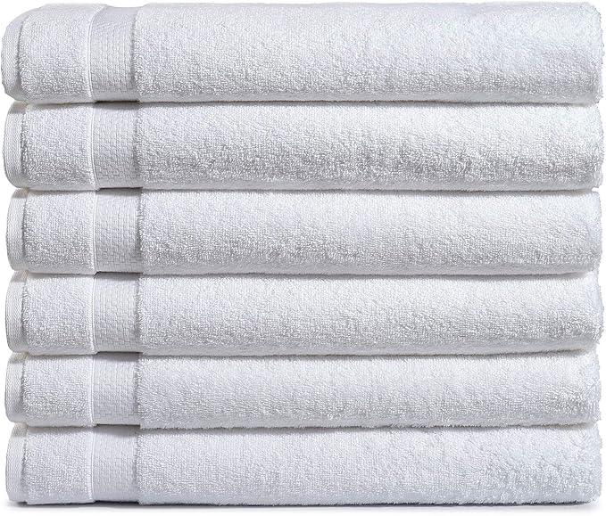Amazon Basics 6-Pack Bath Towels, 100% Ring Spun Cotton, 600 GSM, Lightweight and Highly Absorbent, Quick Drying, Hotel Quality, 27 x 54 inches, White