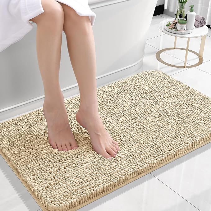 OLANLY Small Bathroom Rugs 24x16, Extra Soft Absorbent Chenille Bath Rugs, Rubber Backing Quick Dry, Machine Washable Bath Mats for Bathroom Floor, Tub and Shower, Home Decor Accessories, Beige