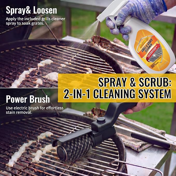 Electric Grill Brush with Grills Cleaning Spray, Cordless Electric Grill Cleaner Kit for Outdoor Grills, 3 Speed Modes & 180°Adjustable Angle, Rechargeable Waterproof Cleaner for BBQ Grates