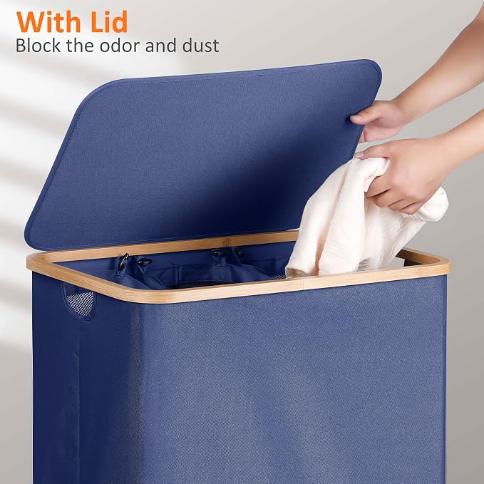efluky Laundry Hamper with Lid, Trio Laundry Basket with 2 Removable Bags, 3 Section Laundry Bin with Bamboo Handles for Bathroom, Bedroom & Laundry Room, 160L (42.3 Gallon) Blue