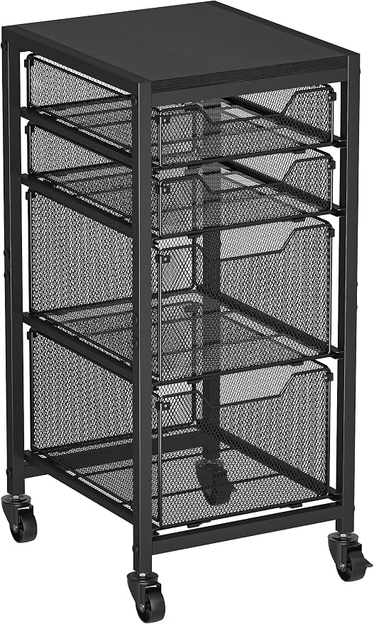 Slim Rolling Storage Cart with Drawers, Under Desk Storage with Wooden Tabletop & Lockable Wheels, 4-Tier Storage Drawers for Bathroom, Craft, Office, Black