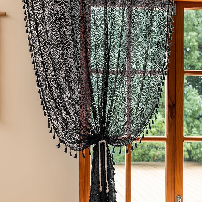 Sutuo Home Black Boho Sheer Curtains 84 inches Long 2 Panel for Living Room | Bohemian Lace Curtains Drape Crochet Light Filtering Farmhouse Decor Vintage Chic Tassels Window Treatments Rod Pocket, 50" W