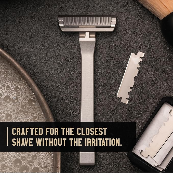 PROOF Select Single Blade Razor for Men with Pivoting Head Made in USA - CNC Machined Aluminum Easy Blade Replacement - Includes Genuine Leather Travel Case, Suction Cup Holder and Safety Razor Blades | Pivoting Head, CNC Machined Aluminum Metal Shaver...