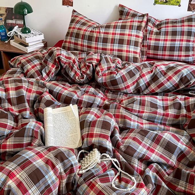 mixinni Vintage Red & Brown Buffalo Plaid Duvet Cover Set Full Size - 3 Piece Washed Cotton Bedding Set with Classic Checkered Pattern, Cozy Farmhouse Duvet Cover with Pillowcases for All Seasons