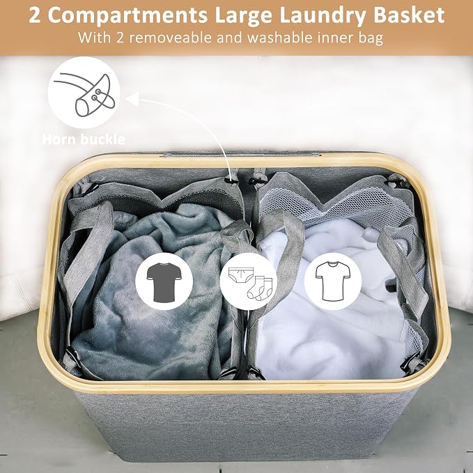 iEGrow 150L Laundry Hamper with Lid-Large Laundry Basket with Bamboo Handles, Grey Hampers for Laundry, Dirty Clothes Hamper with 2 Removable Inner Bags for Clothes Towels