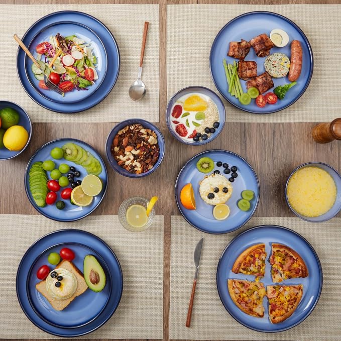 Pokini Blue Stoneware Dinnerware Set, 12 pcs Reactive Glaze Plates and Bowls Sets, Handmade Round Dishes Set for 4, Highly Chip and Crack Resistant Modern Plate Set