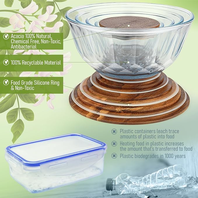 Large Stackable Set of 5 Nesting Glass Bowls with Acacia Lids for Foodprep, Storage, Baking, Sourdough Mixing & Cooking. Microwave & Oven Safe Heat Resistant Inert Borosilicate Glass