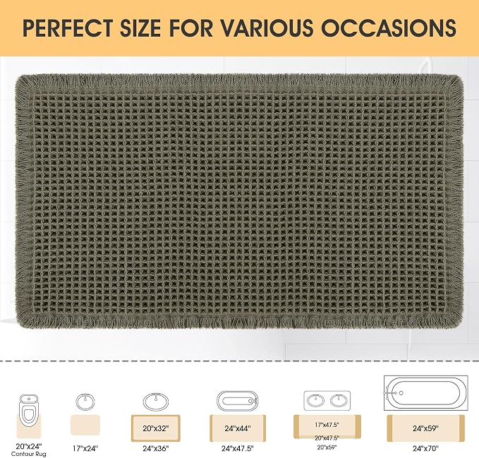 IM HOME Waffle Bath Mat Olive Green 32"x20", Boho Woven Modern Bath Mat Rugs, Absorbent Non Slip Bathroom Rugs, Soft Washable Bath Rugs with Tassels for Bathroom, Bedroom, Kitchen, Shower, Tub