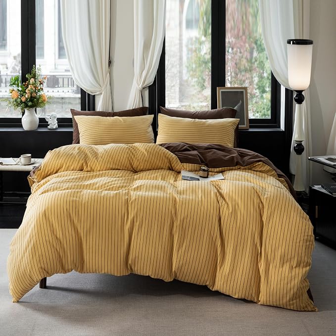 Reversible Duvet Cover Set 100% Washed Cotton Yellow Stripe Linen Feel Duvet Cover Queen Size with Zipper Closure & 2 Pillow Shams, Yellow/Brown Stripe Reverse Solid Brown