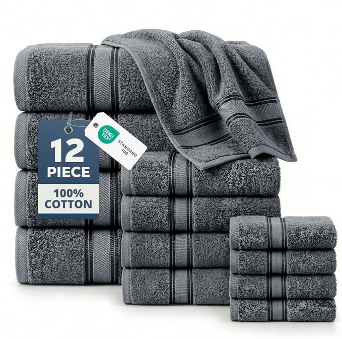 LANE LINEN Towel Set Soft Absorbent Quick Dry 100% Cotton - Cool Grey | Cotton Bath Towels - Lightweight & Breathable, Fade-Resistant Color, Classic Terry Weave, Densely Woven, Coordinated Colors