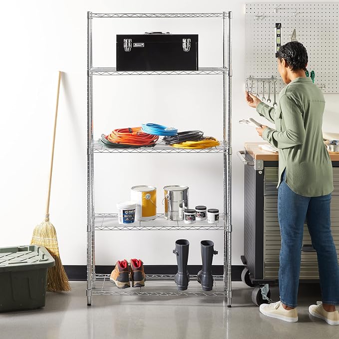 Amazon Basics 5-Shelf Adjustable Heavy Duty Steel Wire Rack, Space Saving Storage Shelving Organizer for Kitchen, Garage, No-Tool Assembly, 350 lbs Weight Capacity, 36" x 14" x 72", Chrome