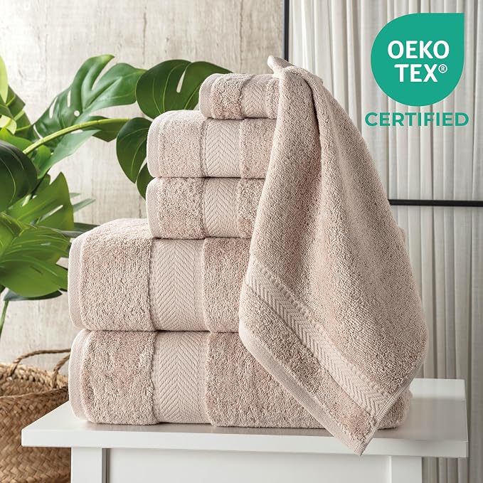 TEXTILOM 100% Turkish Cotton 6 Pcs Bath Towel Set, Luxury Bath Towels for Bathroom, Soft & Absorbent Bathroom Towels Set (2 Bathtowels, 2 Hand Towels, 2 Washcloths)- Beige