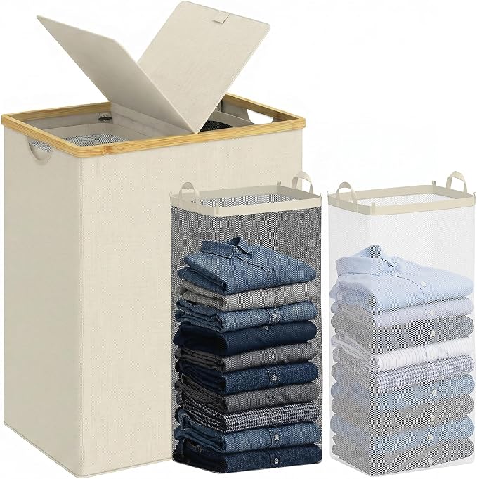 efluky Laundry Hamper with Lid, Double Laundry Basket with 2 Removable Bags, 2 Section Laundry Bin with Bamboo Handles for Bathroom, Bedroom & Laundry Room, 170L (44.9 Gallon) Beige