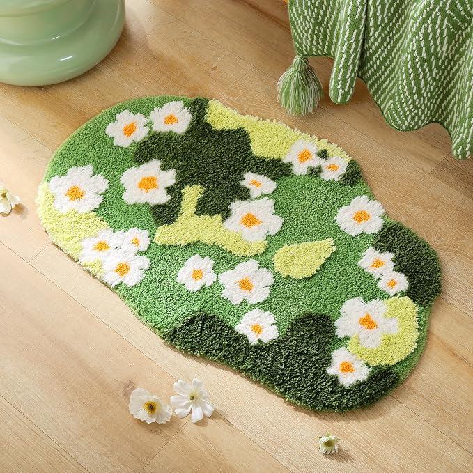YIKUSH Bathroom Rugs for Living Room Green Moss Rug Cute Bath Mat with Small Flower Non Slip Bath Mats for Bathroom Floral Washable Rug (32x20 inches)