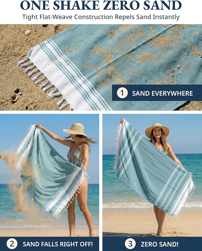 LANE LINEN Turkish Beach Towels, 2 Pack Extra Large Beach Towel - Baltic | Pre-Washed for Soft Feel - Oversized Sand Free Quick-Dry Pool Towel - 39"x71", Vacation Essential, Machine Washable