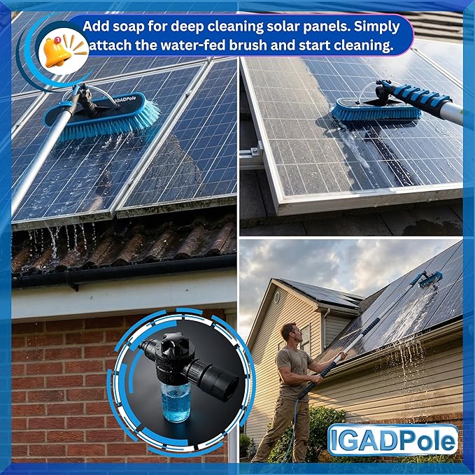 IGADPole 24 FT Water-Fed Washing Kit with Soap-Dispenser, Brush, 10″ Squeegee & Cobweb Duster for Windows, Gutters, Solar Panels & Exterior Walls
