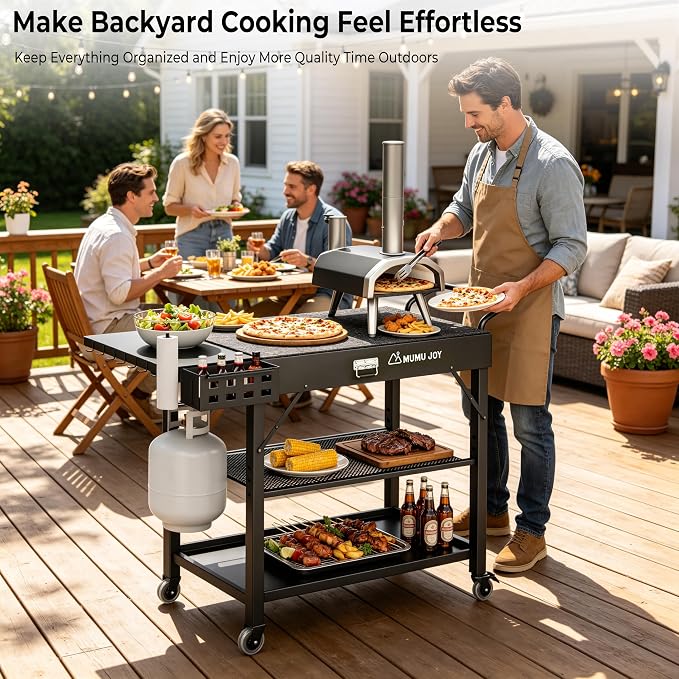 Grill Cart, 19 inch,3 Tier Foldable Grill Table with Wheels 500 Lb | Tool-Free Setup and Locking wheels Blackstone Table adds prep space for 17” or 22” Blackstone, Ninja, Cuisinart, Ooni Grills