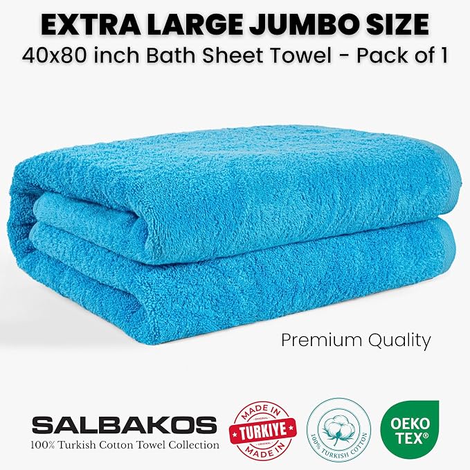 SALBAKOS Luxury 100% Turkish Cotton Bath Sheet 40x80 (1-Piece, Aqua Blue) | Extra Large Jumbo Oversized Bathroom and Beach Towel, Super Soft Highly Absorbent Thick Premium Hotel Quality, Made in Turkey