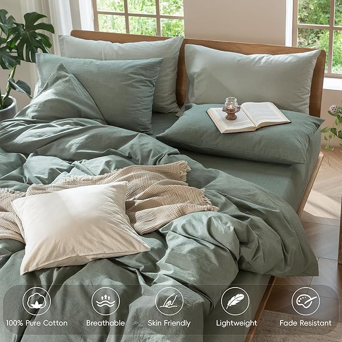 MooMee Duvet Cover Set 100% Washed Cotton Linen Like King | Relaxed Linen-like Texture. Soft, Breathable & Long-lasting Comfort. Lightweight. Hidden Zipper with 8 Interior Corner Ties