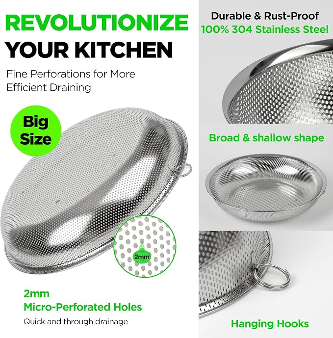 Premium 18/8 304 Stainless Steel Large Colander Set of 3, Comfortable Micro-Perforated Shallow Strainers, 5.5-7-10 Quart Tray Set, Self-Draining Solid Base for Pasta, Fruits, Vegetables