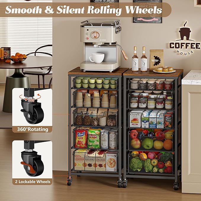 Rolling Cart with Drawers, 5-Drawer Storage Cart on Wheels with Vintage Wooden Top, Heavy Duty Metal Utility Cart, Mobile Craft Art Storage Cart for Kitchen, Bathroom, Office, Bedroom, Art Studio