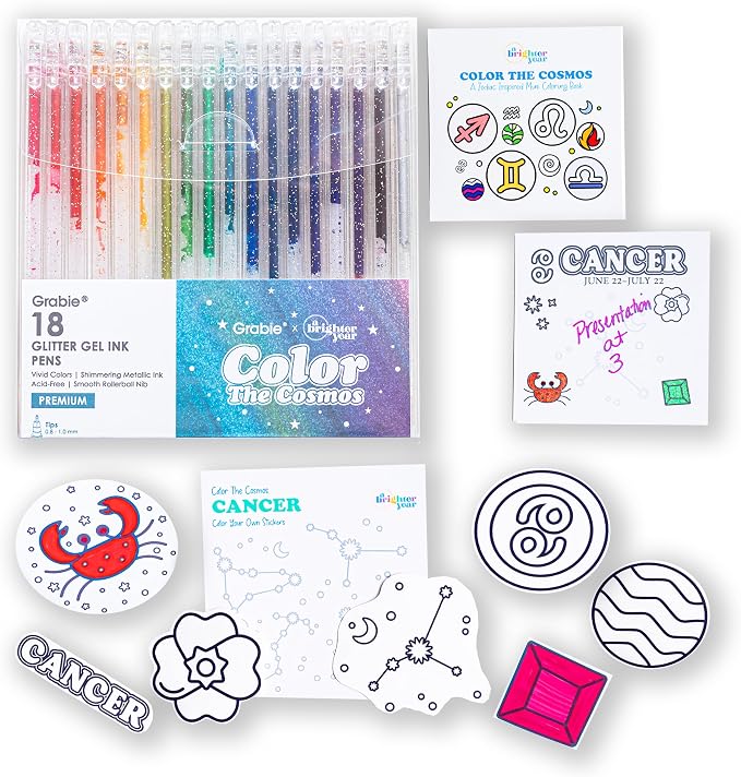 A Brighter Year Large Color The Cosmos Cancer Bundle - Adult Mini Coloring Book (3" x 3" - 50 Pages), Post It Notes (50-3” x 3”), Stickers, & Gel Pens - Stress Relief, Mindfulness, Gift, Travel