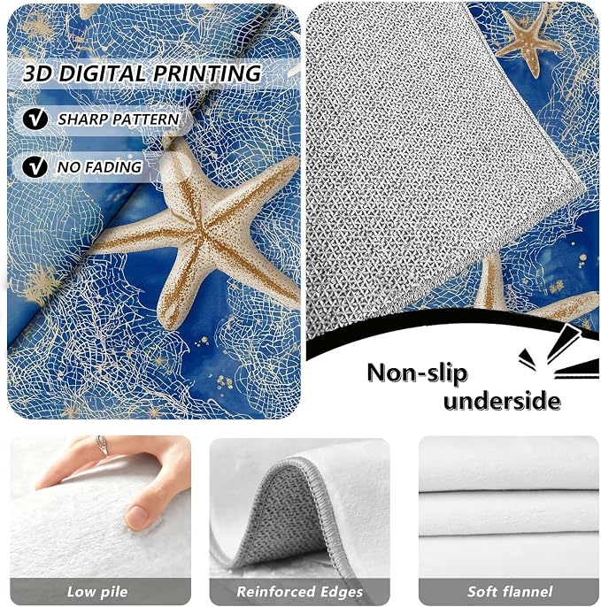 Watercolor Sea Hallway Washable Runner Rug 2x7, Starfish Hallway Rug Soft Non Slip Low Pile Floor Mat, Seaside Fishing Net Carpet Runner for Entryway Corridor Laundry Bedside Rugs Decor