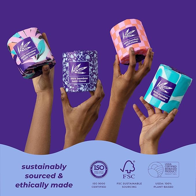 Bim Bam Boo 100% Bamboo Organic Chemical-Free Bulk Toilet Paper, Cloud-like Softness, Plant-Based Sustainable Tree-Free Bathroom Tissue, 24 Eco-Friendly Rolls, 2 Ply, 295 Sheets for RV and Camping