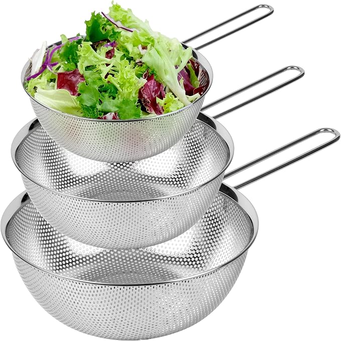 Premium 18/8 304 Stainless Steel Set of 3 – Micro-Perforated Strainer with Long Handle, Self-Draining Base for Pasta Rice Vegetables, 18/8 304 Heavy Duty (1.5, 2.5, 4 Qt) Made in Korea