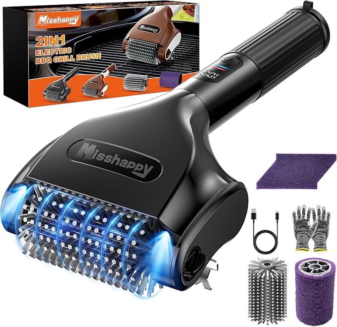 Misshappy Electric BBQ Grill Brush - 4000mAh Cordless BBQ Grill Cleaner 2 Speed - 800RPM Bristle Free Electric Grill Cleaner for Outdoor Grill Rechargeable with Scraper/LED Light/LED Display (Black)