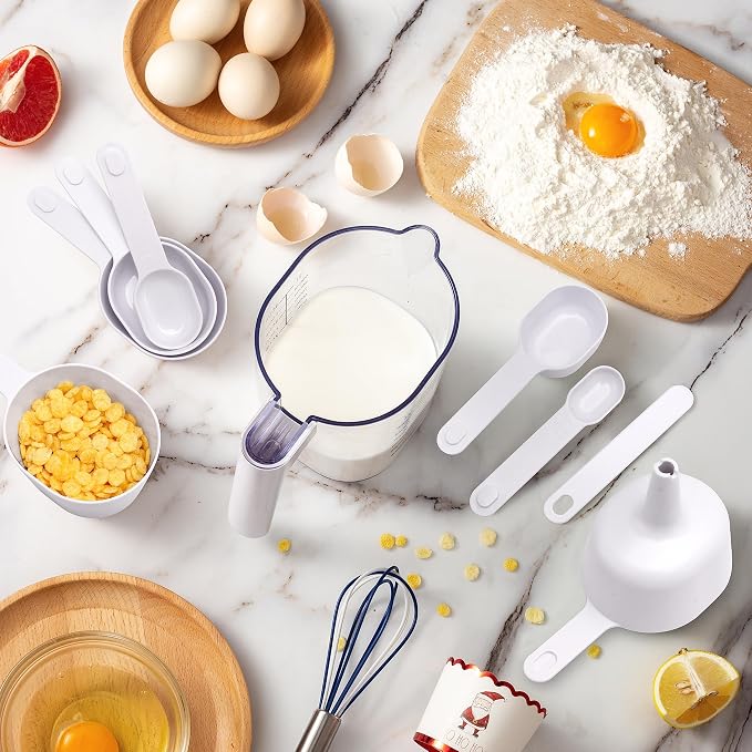 COOK WITH COLOR Measuring Cup Set - 9 PC. Nesting Stackable Liquid Measure Cup, Dry Measuring Cups and Spoons with Funnel and Scraper (White)