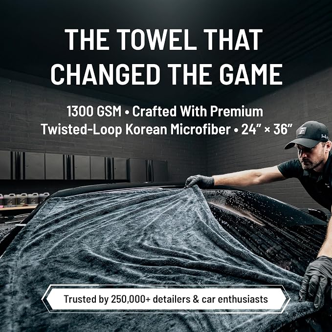 Blackline 24"x36" Twisted-Loop Car Drying Towel, 1300GSM, Streak Free, Lint Free, Reusable - Car Accessories, Microfiber Cleaning Cloth for Car, Truck, SUV - One Pass is All You Need