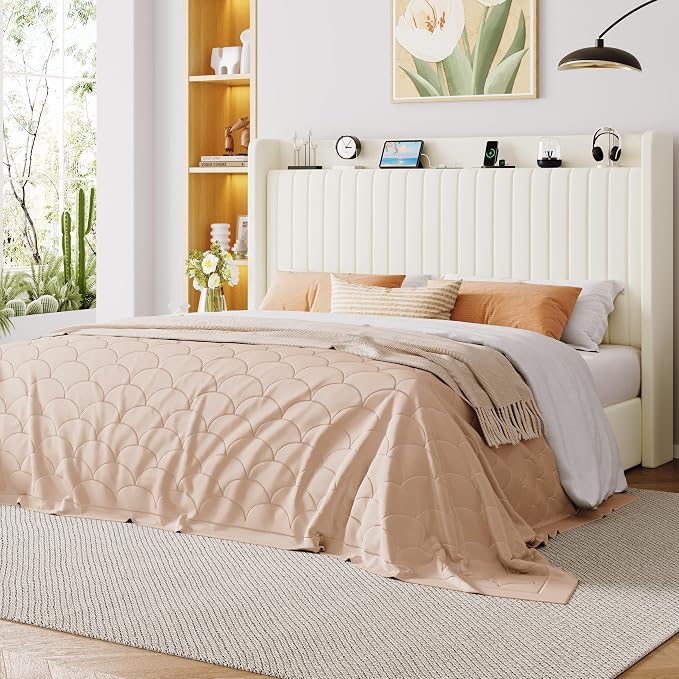 Allewie King Lift Up Storage Hydraulic Bed Frame,Charging Station,Cream | Storage Shelf Headboard with Charging Station,Type-C,USB Ports,Hydraulic Support,Velvet Upholstered,No Box Spring Needed