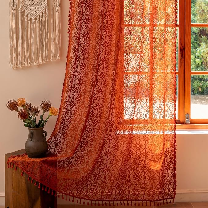 Sutuo Home Boho Floral Lace Curtains for Living Room Home Office, Semi Sheer Orange Curtains Farmhouse Privacy Crochet Vintage Victorian Tassels Rod Pocket Easter Decor, 2 Panels 50" x 96" Terracotta
