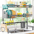 Sakugi Over The Sink Dish Drying Rack - Adjustable 3 Tier XX-Large Capacity Stainless Steel Drainer with Cutlery & Utensil Holders, Kitchen Storage & Organization, 31.5"-39.5"L x 12"W x 30.5"H, Gray