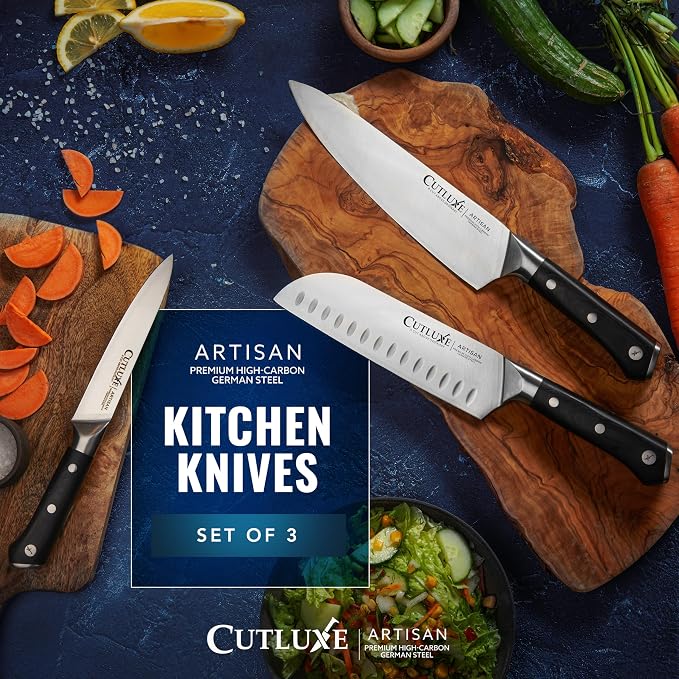 Cutluxe Chef Knife Set, 3-Piece Kitchen Knives – Razor Sharp German Steel | Professional Full Tang Blades with Ergonomic Handles – Artisan Series, Forged High Carbon