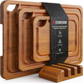 Astercook Deep-Carbonized Bamboo Cutting Boards for Kitchen with Wood Storage Stand, Reversible Charcuterie & Chopping Boards with Juice Grooves and Easy-Grip Handles, Fathers Day Gift for Men