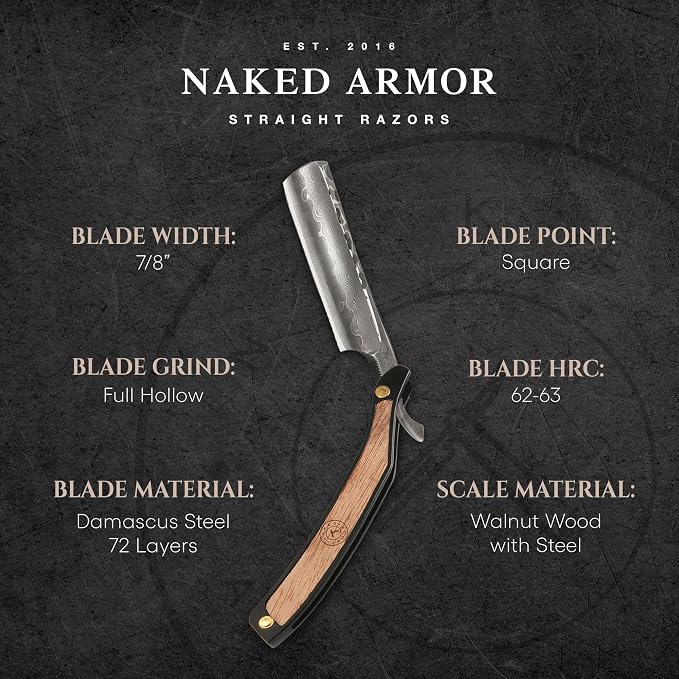 Naked Armor Drian Straight Razor Kit, Men’s Damascus Steel Shaving Set | 7-Pc Shave Ready Wet Shaving Kit, 7/8" Barber Straight Edge Razor Set, Strop, Paste, Brush, Soap, Sheath, Box, Gifts for Men