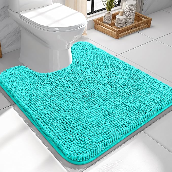 OLANLY Toilet Rugs U-Shaped 24x24, Extra Soft Absorbent Chenille Contour Bathroom Rugs for Toilet, Dry Quickly, Machine Washable, Non-Slip Bath Mat, Teal
