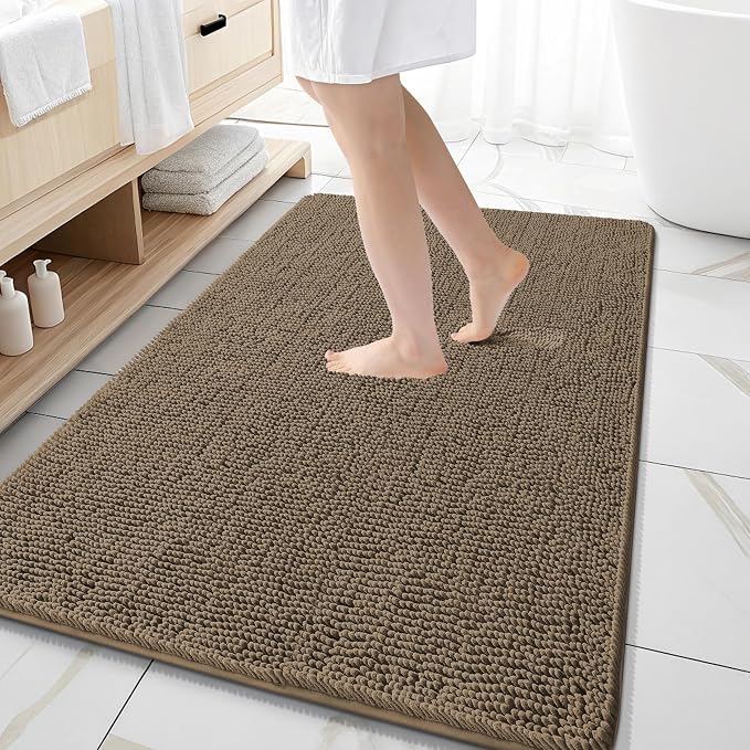 OLANLY Large Bathroom Rugs 59x35, Extra Soft Absorbent Chenille Bath Rugs, Rubber Backing Quick Dry, Machine Washable Bath Mats for Bathroom Floor, Tub and Shower, Home Decor Accessories, Tan