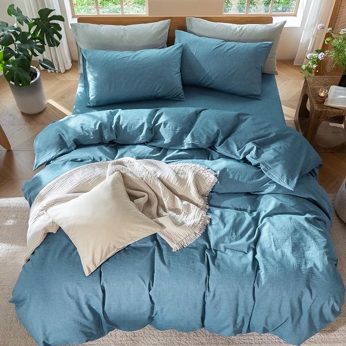 MooMee Duvet Cover Set 100% Washed Cotton Linen Like Full | Relaxed Linen-like Texture. Soft, Breathable & Long-lasting Comfort. Lightweight. Hidden Zipper with 8 Interior Corner Ties