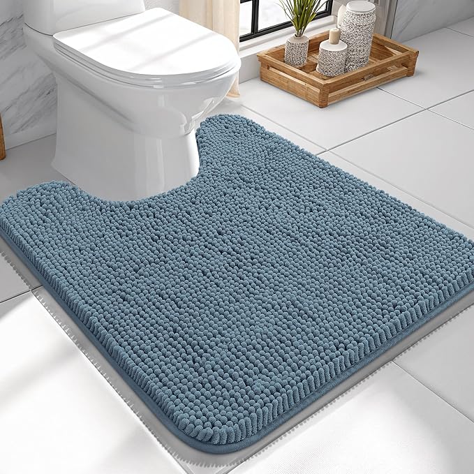 OLANLY Toilet Rugs U-Shaped 24x24, Extra Soft Absorbent Chenille Contour Bathroom Rugs for Toilet, Dry Quickly, Machine Washable, Non-Slip Bath Mat, Airy Blue