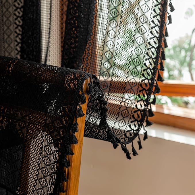 Sutuo Home Black Boho Sheer Curtains 84 inches Long for Bedroom Living Room, Bohemian Lace Window Curtains Crochet Privacy Farmhouse Vintage Chic Tassels Darkening Decor Rod Pocket, 2 Panels 50" W