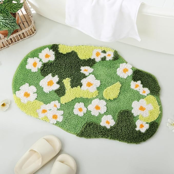 YIKUSH Bathroom Rugs for Living Room Green Moss Rug Cute Bath Mat with Small Flower Non Slip Bath Mats for Bathroom Floral Washable Rug (32x20 inches)