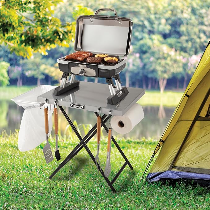 Cuisinart Fold ‘n Go Prep Table, Portable Folding Table and Grill Stand with Tool Hooks, Trash Bag Holder, Paper Towel Rack, 24” x 20” Steel Food Prep Station Perfect for BBQs, Tailgates and Camping