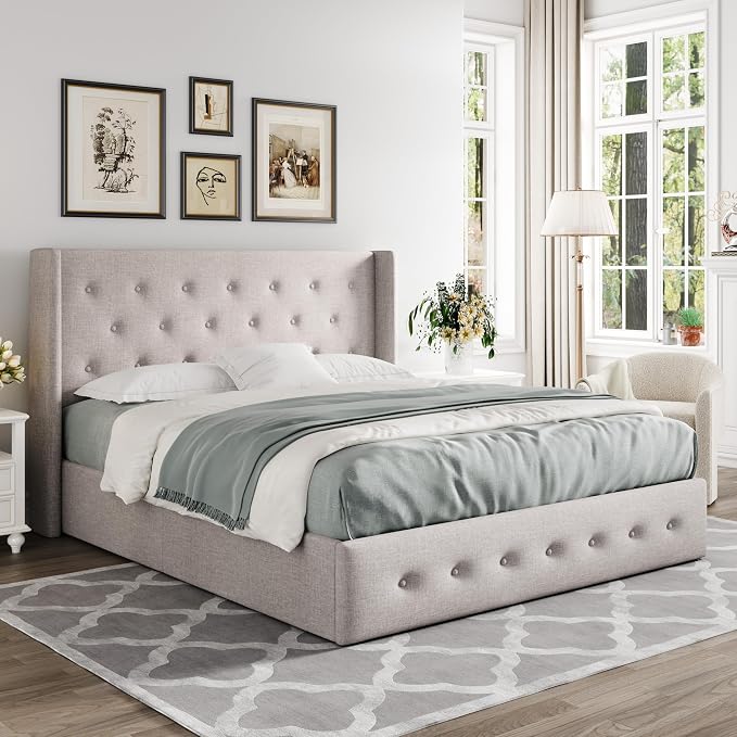 Allewie Full Size Lift Up Storage Button-Tufted Bed Frame Light Beige | Modern Wingback Headboard, Hydraulic Support Storage, No Box Spring Needed