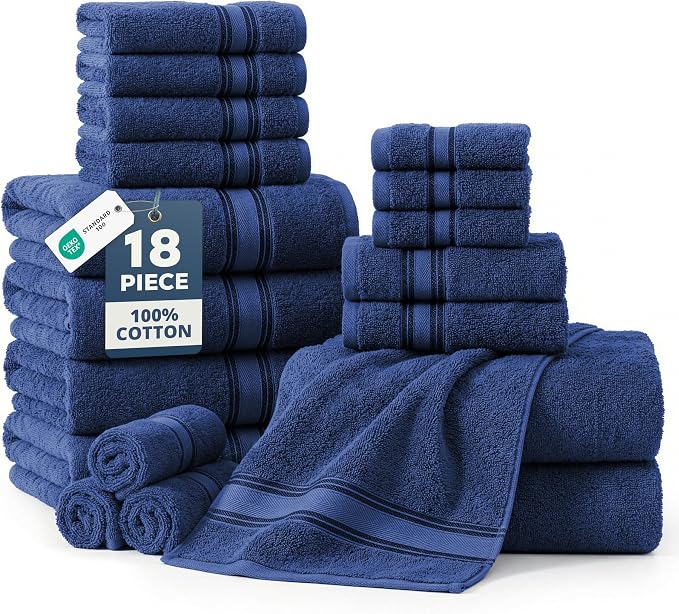 LANE LINEN Bath Towel Set Quick Dry 100% Cotton 18 Piece Soft - Navy | Cotton Bath Towels - Classic Terry Weave, Densely Woven, Coordinated Colors, Everyday Durability, OEKO-TEX Certified