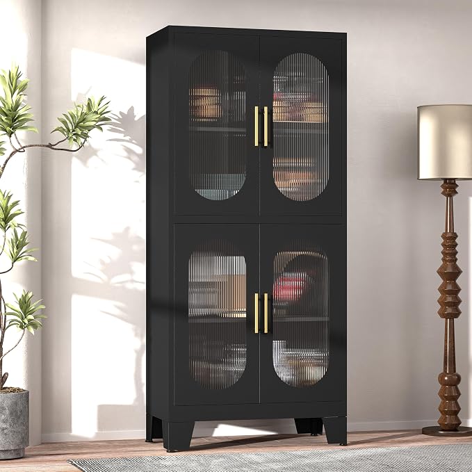 GAIOUS Black Kitchen Pantry Cabinet,Storage Cabinet with Acrylic Glass Door | and Adjustable Shelves, Metal Food Storage Cupboard, Tall Versatile Storage for Kitchen, Dining Room, Home Office and Bedroom