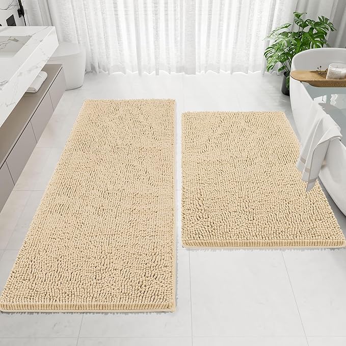 Bathroom Rugs Mat 72 x 24, Thick Soft Absorbent Chenille Bath Rugs, Rubber Backing Bath Mats for Bathroom Floor, Tub, Shower, Bedroom, Home Decor Accessories, Quick Dry Machine Washable, Beige