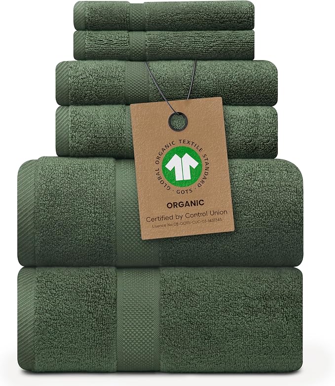 Alusa Home 100% Organic Zero-Twist Cotton Towels - GOTS Certified Luxury Bath Towels - Ultra Soft & Plush 700GSM Long-Staple Cotton - 6 Piece Towel Set (Hunter Green)